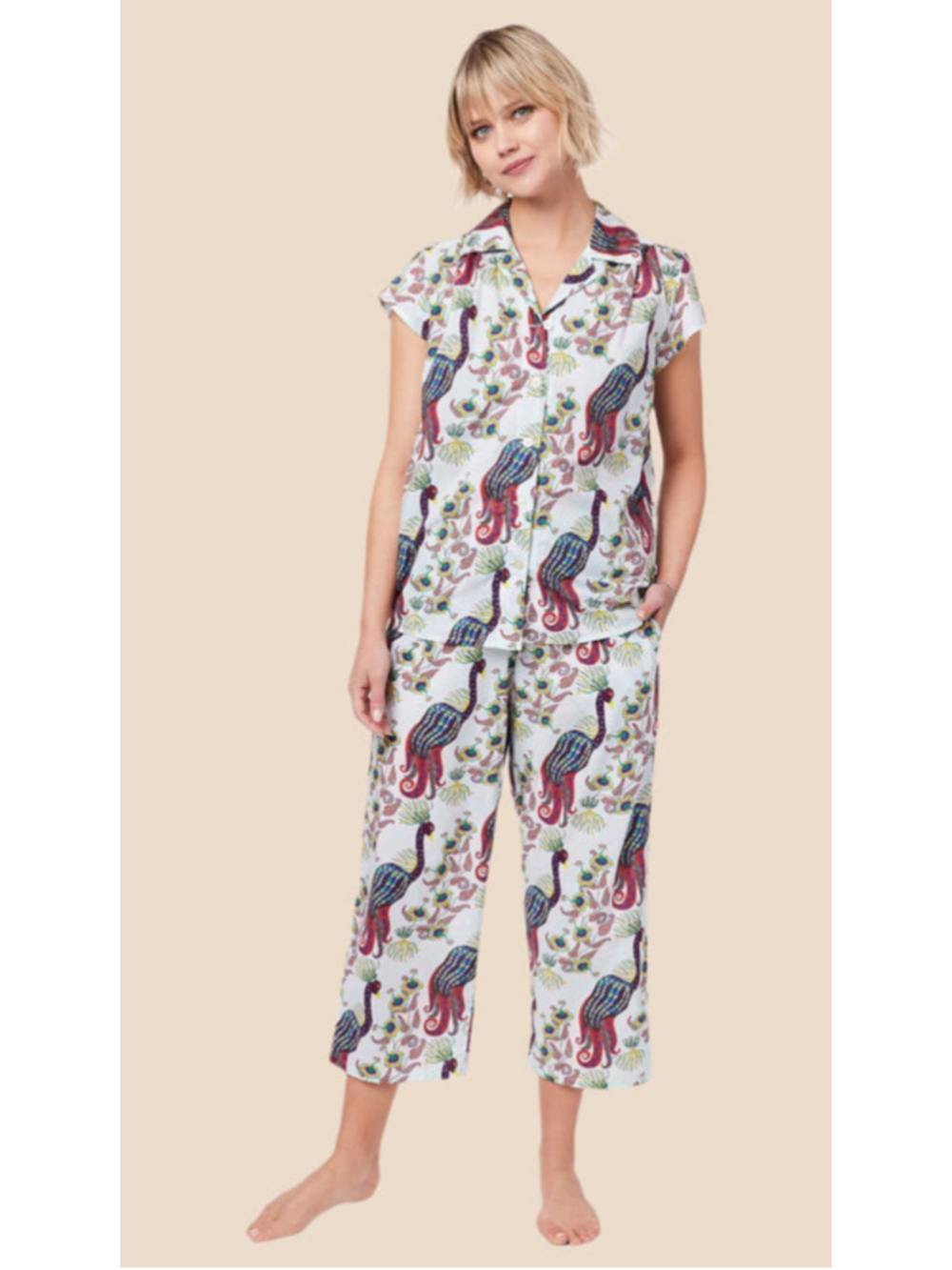 The Cat's Pajamas Peacock Print Pajama Set Size Medium White Multicolor